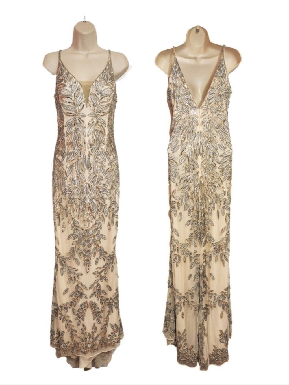 Mac Duggal Silver Gold Beaded Leaf Sequin Illusion V-Neck Gown Dress Size 10 - Picture 2 of 10